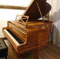 Pleyel F de 1928 en loupe d'orme • Vue d'ensemble de ce très joli piano dont la restauration va être prochainement entreprise