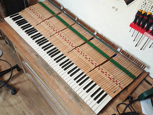 Pleyel 2 1909 - clavier terminé - Après rectification des touches déformées, clavier préparé pour remise en place dans le piano.