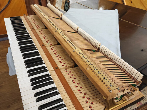 Pleyel F 1936 - clavier et mécanique - réglages terminés, avant l'harmonisation