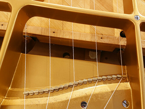 Pleyel F directoire - mise en position des agrafes - démontées pour refaire la dorure du cadre, elles doivent être recalées, chacune perpendiculaire à chaque chœur de cordes