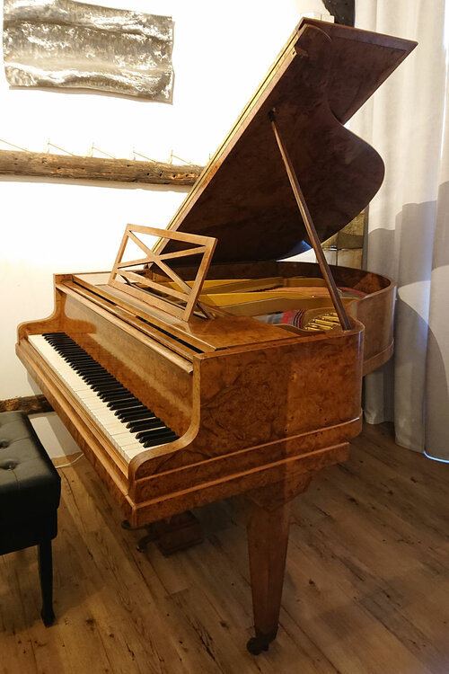 Pleyel F de 1928 en loupe d'orme - Vue d'ensemble de ce très joli piano dont la restauration va être prochainement entreprise