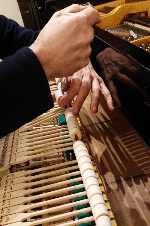 entretien - harmonisation - La dureté des marteaux est modifiée par piquage, pour obtenir un son plus doux, et, surtout, homogène sur l'ensemble du piano.