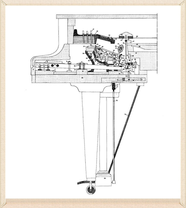 mécanique piano à queue - coupe sur la mécanique d'un piano à queue